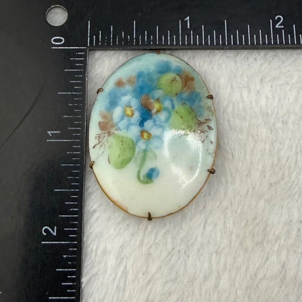 Vintage Victorian Hand Painted Floral Brooch Blue Enamel Oval Brass Tone